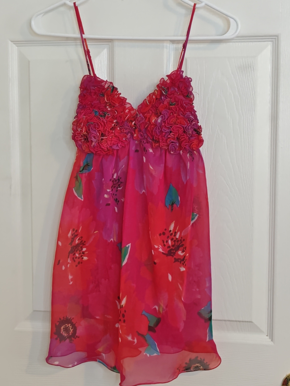 Vintage La SENZA Y2K Hot Pink Floral Ruffled Sheer Mesh Babydoll Chemise Size M